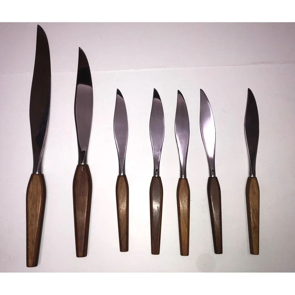 Vintage MCM Fleetwood Teak Handles 5 Pc Steak Knife & 2 Carving Knife Set‎